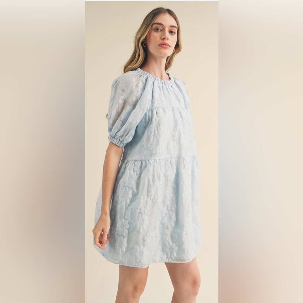 Talulah - Bloom Organze Tiered Babydoll Dress Sky Blue Puff Sleeves